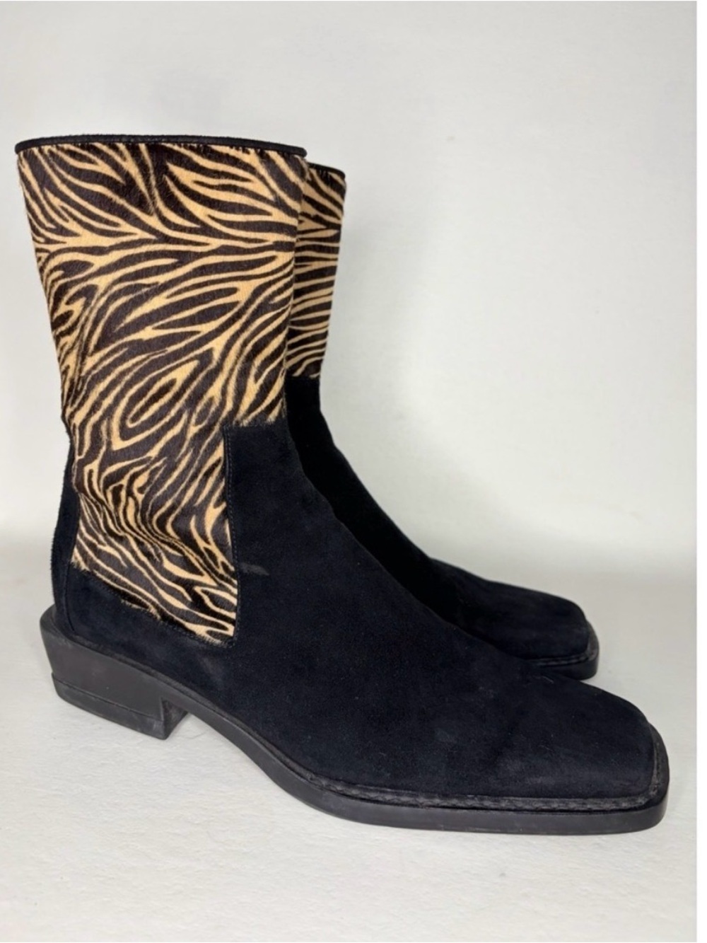 Stuart Weitzman Black Suede Boots with Tan Zebra-Print Shaft